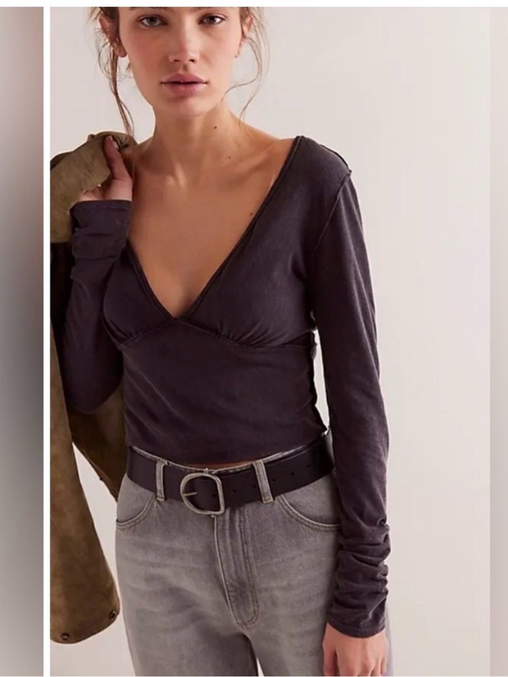 NEW We the Free Black Cropped V-Neck Ivy Long Sleeve Top - Washed Finish Small
